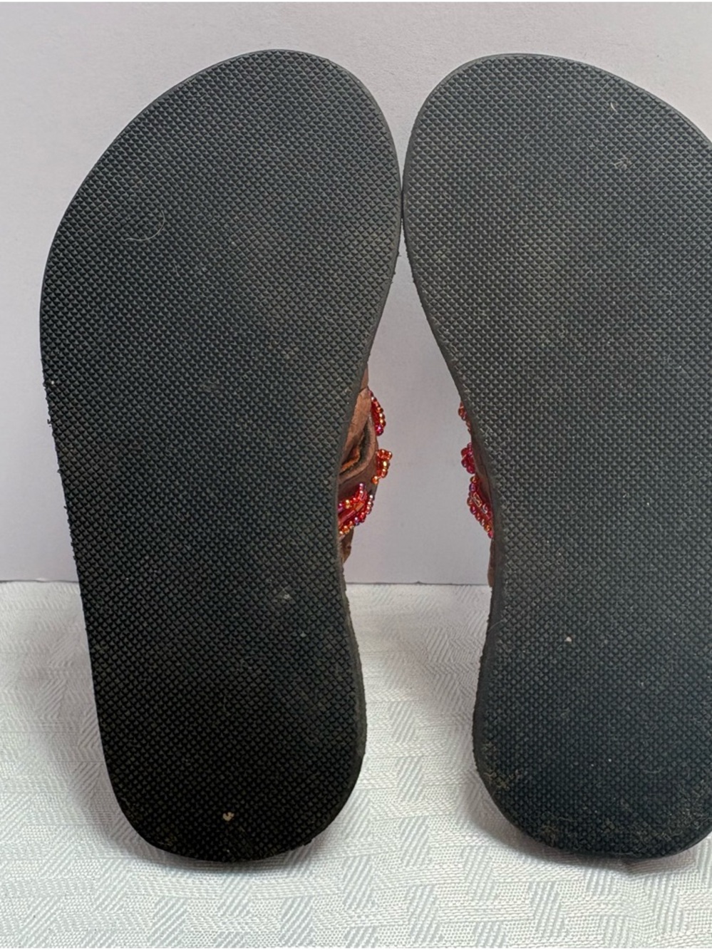 Adorable Bohemian Little Girls Brown Leather Beaded Toe-Post Sandals Boho Hippie - Picture 3 of 14